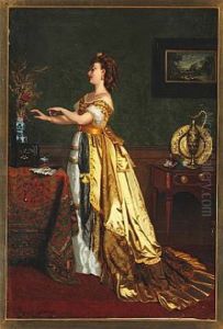 Interior With An Elegant Young Woman In A Yellow Evening Gown by Agapit Stevens