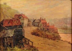 Whitby; A View To Fishermen's Cottages Over Roofs And To The Harbour And Town Beyond by Albert George Stevens