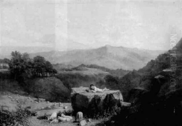 Hugelige Landschaft Mit Schafhirten Auf Einem Felsblock - view 1