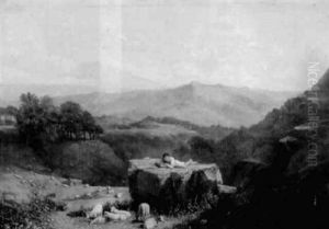 Hugelige Landschaft Mit Schafhirten Auf Einem Felsblock by Francis Stevens
