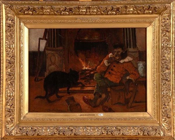 Singe Anthropomorphe Et Son Chat Devant Le Feu - view 1
