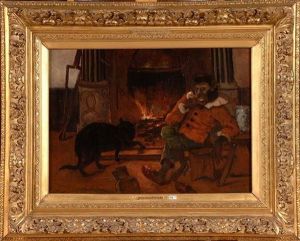 Singe Anthropomorphe Et Son Chat Devant Le Feu by Joseph Stevens