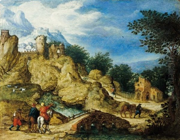 Bewaldete Gebirgslandschaft Mit Einer Burgruine Und Reitern - view 1