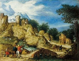 Bewaldete Gebirgslandschaft Mit Einer Burgruine Und Reitern by Pieter Stevens