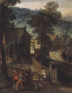 Blick In Ein Flandrisches Dorf Mit Vielen Figuren