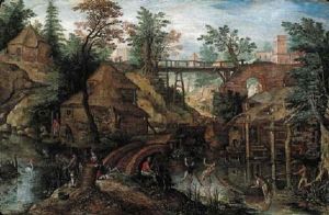 A Wooded River Landscape With Fisherman By Cottages, A Wooden Bridge Beyond by Pieter Stevens