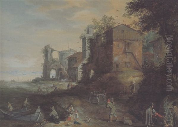 Dorf An Einem Fluss Mit Einer Turmruine Und Vielen Figuren - view 1