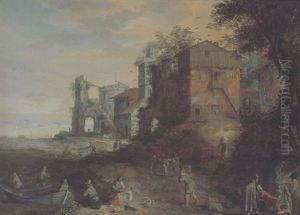 Dorf An Einem Fluss Mit Einer Turmruine Und Vielen Figuren by Pieter Stevens