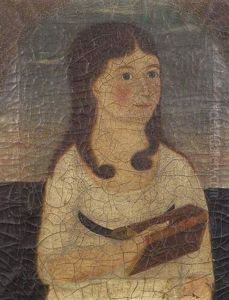 Blue-eyed Girl In White Dress With Sash, Holding A Book With Red And Brown Bindings