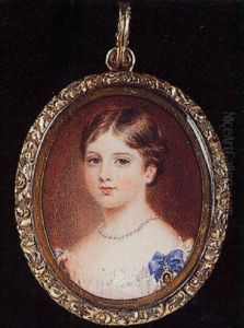 Princess Victoria Wearing A Pearl Necklace And Low-cut White Dress With Blue Ribbon Waistband