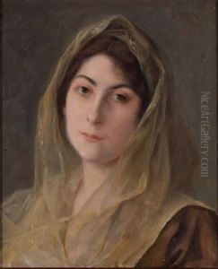 Potrait Of A Woman In A Sheer Chiffon Headdress by Julius LeBlanc Stewart