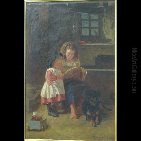 Cottage Interior With Two Children Reading A Book, A Dog Laid By Their Side - view 1