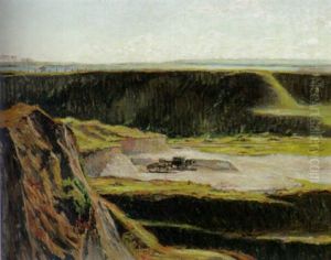 Steinbruch Mit Pferdefuhrwerken Und Fluslandschaft In Nordfrankreich