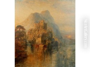 A View Of A Castle Atop A Cliff Stack With Fishing Skiffs To The Foreground And Mountains Beyond A View Of A Castle Atop A Cliff Stack With Fishing Skiffs To The Foreground And Mountains Beyond