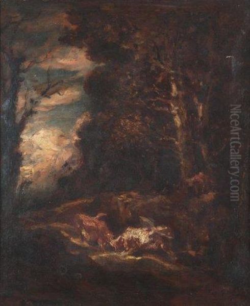 Combat De Taureaux Dans Un Paysage. by Jacques Raymond Bracassat