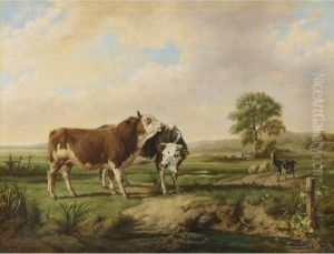 Bulls, Sheep, And A Goat At Pasture by Jacques Raymond Bracassat