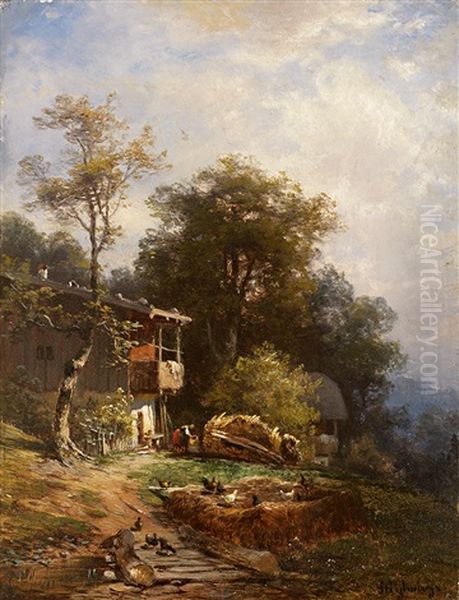 Malerisches Gehoft In Den Voralpen Mit Figurenstaffage Und Huhnerhof - view 1