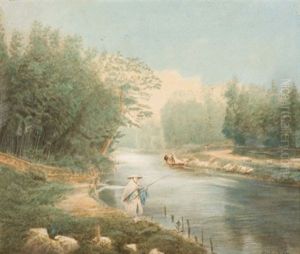Japanische Flusslandschaft Mit Angler