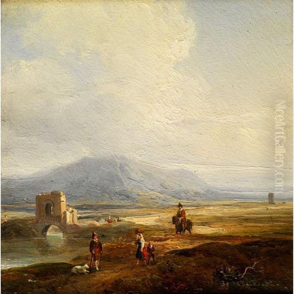 Sudliche Landschaft Mit Flusslauf Anantiker Brucke Und Figurenstaffage Mit Reiter - view 1