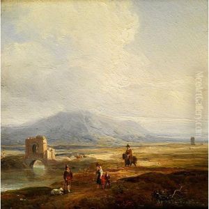 Sudliche Landschaft Mit Flusslauf Anantiker Brucke Und Figurenstaffage Mit Reiter by Jacques Raymond Bracassat