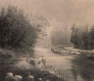 Japanische Fluslandschaft Mit Angler