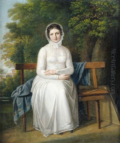 Konigin Katharina Von Wurttemberg, Geb. Grosfurstin Jekaterina Pawlowna Von Russland, In Weisem Kleid Mit Spitzenhaube Auf Einer Parkbank - view 1