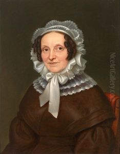 Portrait Einer Dame Mit Weisem Spitzenhaubchen Und Stopsellocken. Braunes Paletot-kleid Vor Dunkelgrunem Hintergrund. Meisterlich Charakterisiert