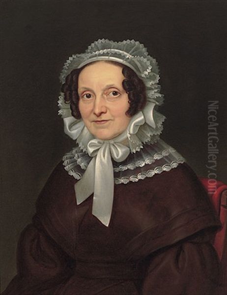 Portrait Einer Dame Im Braunen Paletot-kleid Mit Weisem Spitzenhaubchen Und Stopsellocken Vor Dunkelgrunem Hintergrund - view 1