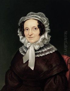 Portrait Einer Dame Mit Weisem Spitzenhaubchen Und Stopsellocken, In Braunem Paletot-kleid Vor Dunkelgrunem Hintergrund