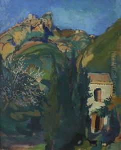 Tal Mit Zypressen Und Haus by Karl Stirner
