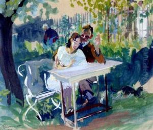 Einen Liebesbrief Lesendes Paar Im Garten by Karl Stirner