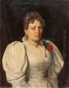 Bildnis Einer Jungen Frau In Weissem Kleid Mit Roter Rose Und Medaillon