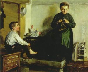 Strickende Mutter Mit Sohn Beim Ofen by Fritz (Friedrich) Stirnimann