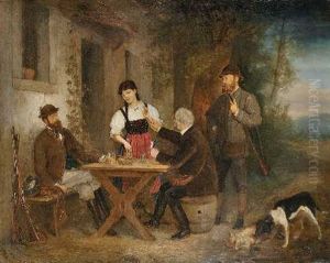 Drei Jager Mit Magd Nach Der Fuchsjagd by Moritz Stitz