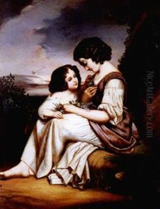 Mutter Mit Kind Vor Tiefer Landschaft by Johann Heinrich Stobwasser