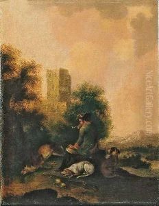 Zwei Gemalde Mit Hofischen Jagern, Hunden Und Erlegtem Wild.