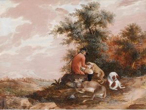 A Hunter And His Dogs Resting By Their Catch