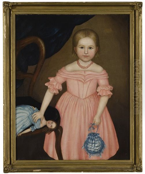 Portrait Of A Young Girl In A Pink Dress With A Doll - view 1