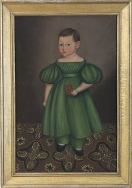Child In A Green Dress Standing On A Patterned Carpet - view 1
