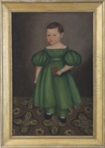 Child In A Green Dress Standing On A Patterned Carpet by Joseph Whiting Stock