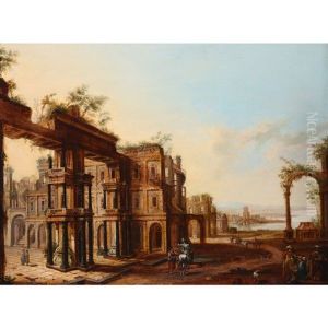 A Capriccio By The Sea With Figures And An Artist Sketching by Christian Stoecklin