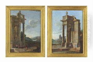 A Classical Capriccio With Figures Conversing; And A Classical Capriccio With Figures Conversing And Travellers On A Path by Christian Stoecklin