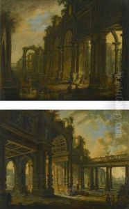 Architectural Palace Capriccio With Figures Conversing; Architectural Ruins With Figures Beside A Fountain by Christian Stoecklin
