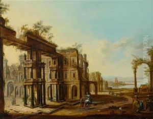 An Architectural Landscape With Figures And An Artist Sketching by Christian Stoecklin