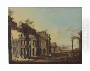 An Architectural Capriccio Of Ruins By The Sea With Figures And An Artist Sketching In The Foreground by Christian Stoecklin