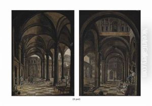 Elegant Cloisters With Peasants And Elegant Cloisters With Peasants In Chains (pair) by Christian Stoecklin