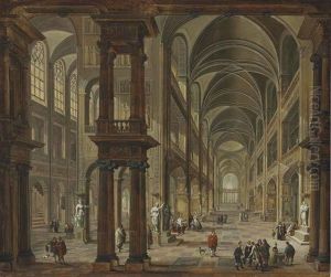 An Imaginary Church Interior With Figures by Christian Stoecklin