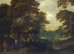Waldlandschaft Mit Staffagefiguren Und Tieren by Jan Gerrit Stockman
