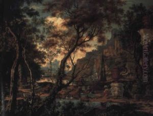 An Arcadian Landscape With Swans On A River And Figures Walking by Jan Gerrit Stockman