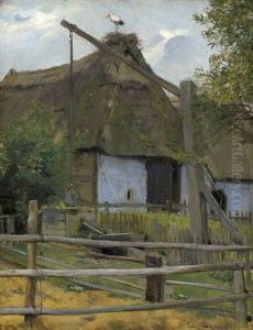 Reetgedeckte Scheuer Mit Storchennest In Wustrow by Hermann Stockmann